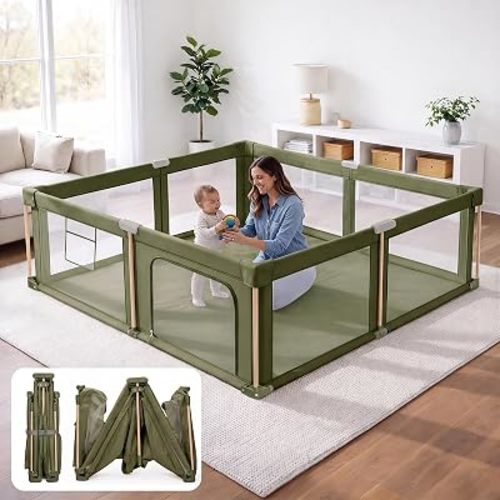 Foldable Baby Playpen with Mat, Foldable Baby Fence Play Yards for Babies and Toddlers, Play Pen with Breathable Mesh and Anti-Fall Pads Green (71"×59")