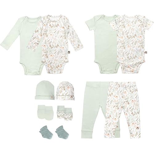 100% Cotton Baby Sets for Newborn - 12 Pcs Neutral Layette Set, 2 Long Sleeve, Short Sleeve Onesies, Hats, Mittens, Socks & Pants, Baby Gift Set - Designed in France, Green + Woodland Collection