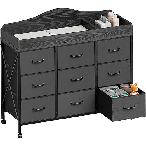 Baby Changing Table, 9 Fabric Boxes, Waterproof Pad, Mobile Nursery, Black