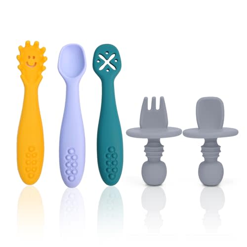 5Pcs Baby Spoons Self Feeding 6+Months, Toddler Fork and Spoon Set, Silicone Spoons Baby Led Weaning Infant Spoons First Stage For Babies Training Self Feeding