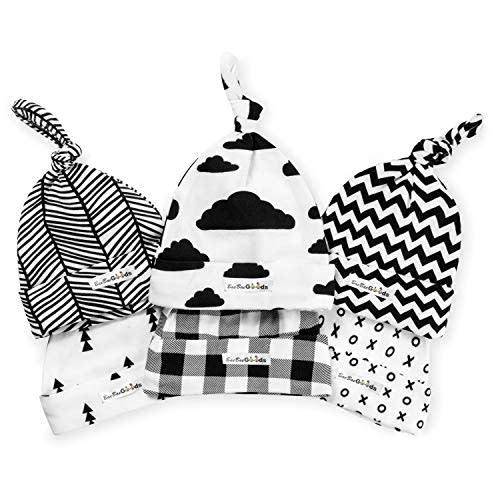 BaeBae Goods Baby Beanies – Newborn Baby Hats 6 Pack – Adjustable Baby Hats in Stylish, Unisex Designs – Baby Boy Hats with Top Knot – Stretchy Newborn Hats for Boys and Girls – Infant Caps Black