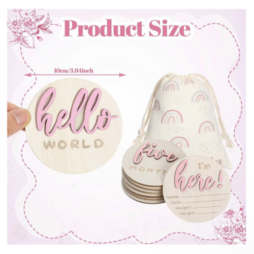 3D Baby Monthly Milestone Card Signs Baby Announcement Sign 7 Pack Double Sided Hello World Newborn Signs Wooden Circles Discs for Welcome Newborn Shower Boy Girl Photo Props(Pink)