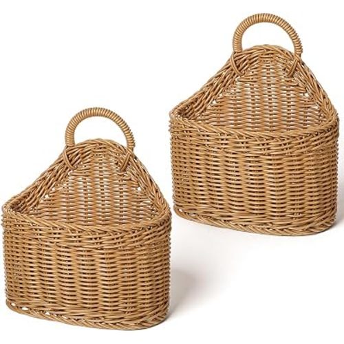 2 Pcs Hanging Wicker Baskets for Wall, Decorative Woven Storage for Kitchen Produce & Onions, Natural Wood Color (7.5 x 4.3 x 7.1 Inches)