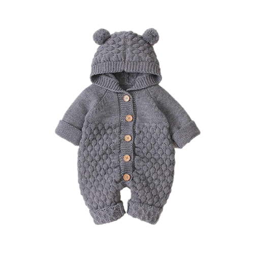 Baby Sweater Jumpsuit Boys Girls Button Hooded Long Sleeve Rompers Knit Bear Onesies Pajamas Infant Fall Winter Clothes, Gray, 12-18 Months