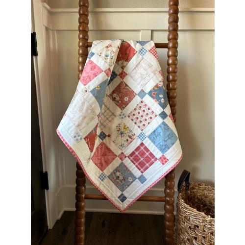 Handmade baby girl quilt, Cornflower blue and coral florals
