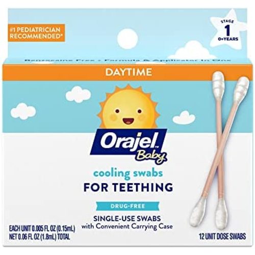 Orajel Baby Daytime Cooling Swabs for Teething, Drug-Free, #1 Pediatrician Recommended Brand for Teething*, 12 Swabs in Carrying Case