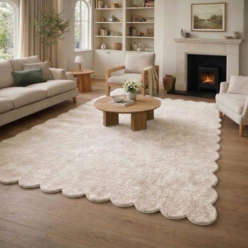 Ivory Scallop Wool Rug, Hand Tufted Soft Area Rug
