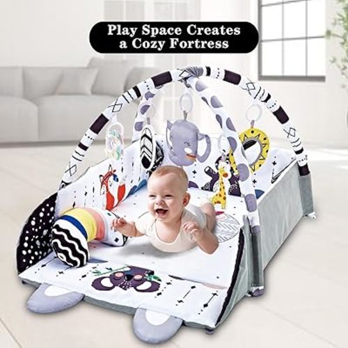 Baby Gym Play Mat, 8-in-1 Tummy Time Mat & Activity Gym, Washable Ball Pit, Infant Play Mat with Detachable Toys for Sensory Exploration and Motor Skill Development
