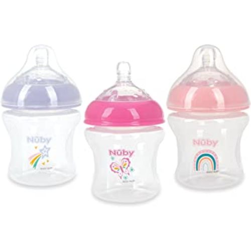 Nuby 3-Pack Infant Feeding Bottles with Slow Flow Breast Size Silicone Nipple: 0+ Months, 6oz, 3 Pack Set: Delicate Star, Rainbow, Butterfly Prints