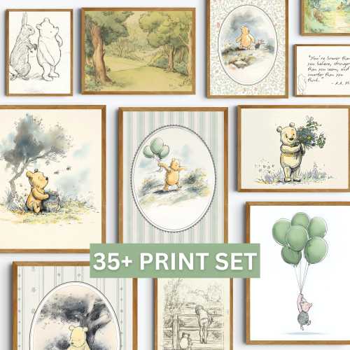 Green Vintage Pooh Gallery Wall Art Print Nursery Decor Digital Download Classic Winnie Tigger Sage Artwork Bundle Gender Neutral Above Crib