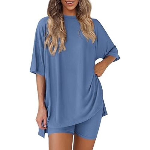 PRETTYGARDEN Women 2 Piece Lounge Set 2026 Summer Casual Oversized Shirts Biker Shorts Matching Airport Travel Outfit Clothes
