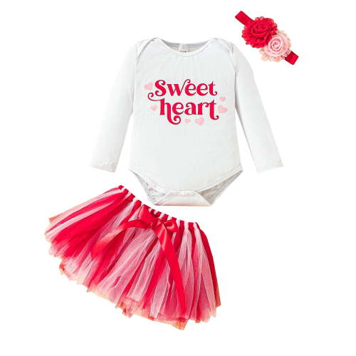 Bagilaanoe 3Pcs Newborn Baby Girls Valentine's Day Clothes Letters Print Long Sleeve Romper Tops + Tulle Tutu Skirt + Headband 3M 6M 12M 18M Infant Casual Skirt Set