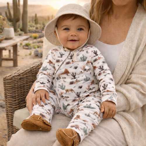 Bamboo Baby Zipper Romper – Western Cactus Horse Footie Pajamas, Soft Stretch Infant Sleeper, Desert Cowboy Baby Outfit