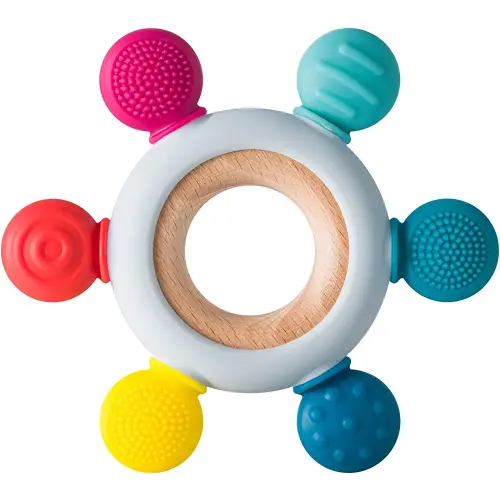 Arudyo Baby Teething Toys Silicone Teethers BPA Free Silicone Rudder with Wooden Ring Soothe Babies Gums (Rainbow)
