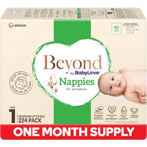 Beyond by BabyLove Nappies Size 1 (Up to 5kg) | 1 Month Supply 224 Pieces (4 x 56 Pack)
