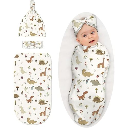 Dinosaur Baby Stuff Newborn Swaddle Blanket with Hat and Bow Set, Soft Swaddling Sack Gift for Boys and Girls Shower