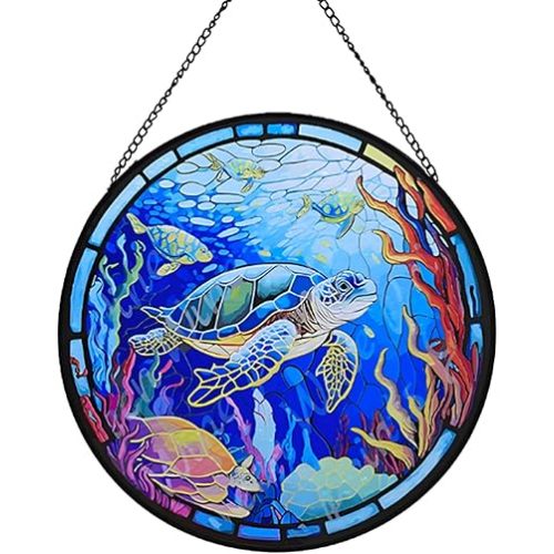 8'' Marine Turtle Stained Glass Window Hanging, Hand Painted Suncatcher Window Decor Sea Turtle Glass Panels Art Decor Ocean Gifts for Women (Turtle B)