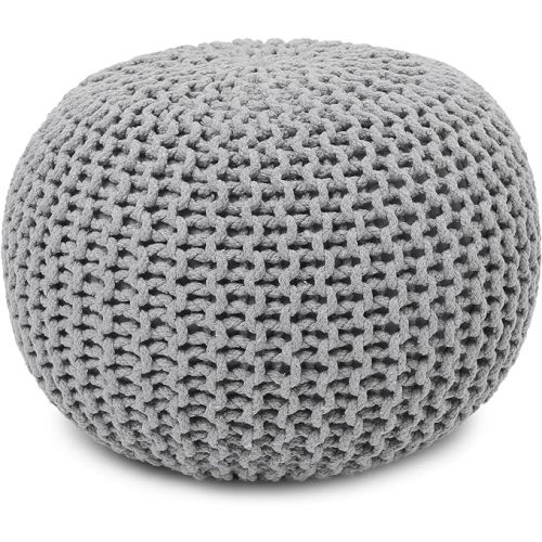 REDEARTH · Round Boho Pouf Ottoman - Cable Knitted Cord Boho Pouffe - Stuffed Poof Accent Beanbag Footrest for Living Room - Nursery - Bedroom - Covered Patio - Study Nook (19.5"x19.5"x14") - Gray