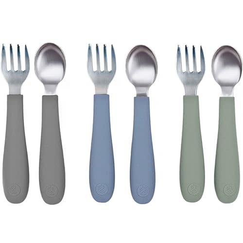 WeeSprout Toddler Utensils, 3 Forks & 3 Spoons, 18/8 Stainless Steel & Food Grade Silicone, Thick Easy-Grip Handles, Perfect Length For New Self Feeders, Gentle On Gums & Teeth, Dishwasher Safe