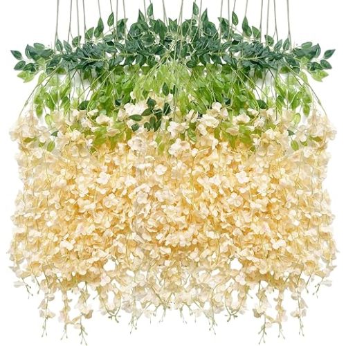 Artificial Wisteria Hanging Flowers Fake Wisteria Flower Garland Silk Vines Rattan Decor for Home Wedding Arch Wall Garden Greenery Bedroom Outdoor Office Party Decoration (24, Champagne)