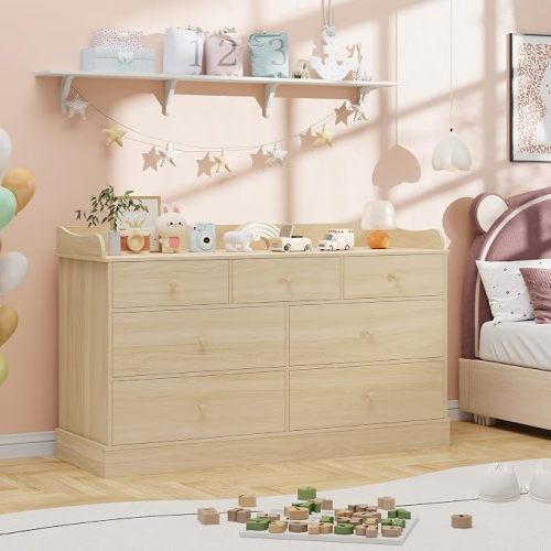 Vabches Kids Dresser Cabinet with 7 Drawers and Large Table Top, Multi-Functional Chest of Drawers, Baby Dresser, Kids Bedroom Furniture, Nightstand for Child’s Room, Natural