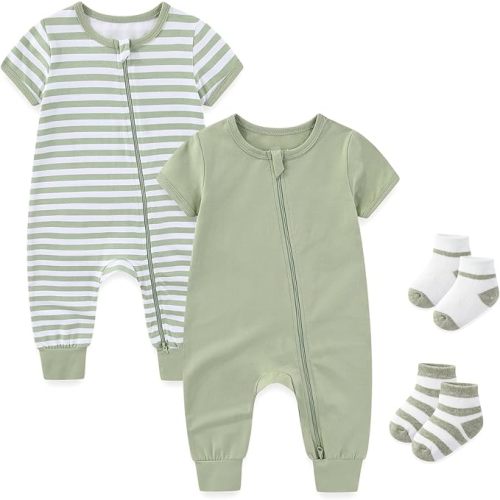 Baby Boy Girl 2-Pack Rompers with Socks 0-18M Toddler Unisex Zipper Short Sleeve Jumpsuits Clothes