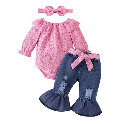 Baby Girl Clothes Lace Off Shoulder Romper Flare Jeans Pants Headband and Belt 4pcs Outfit 3-24 Months