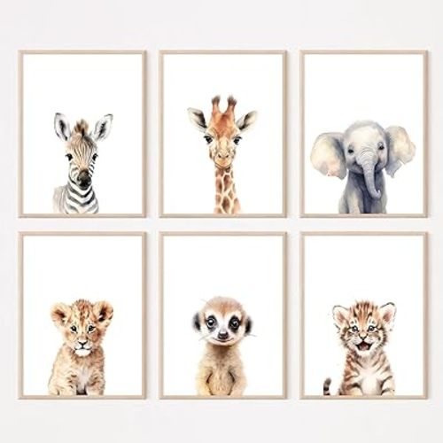 Safari Nursery Wall Art Decor Set of 6 Baby Animal Wall Art Kids Canvas Wall Art Safari Nursery Pictures Jungle Animal Prints Baby Boy Art Giraffe Painting for Room Bedroom 12x16 Inch Unframed