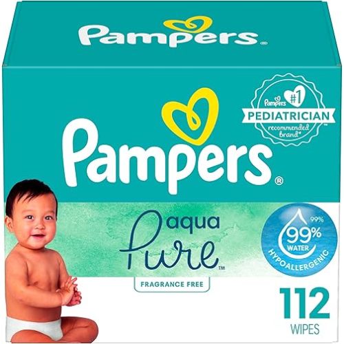 Pampers Aqua Pure Baby Wipes, 99% Water, Fragrance Free, 112 Baby Wipes Total (2X Flip-Top Packs)
