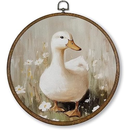 Qskjre Duck Wildflower Wall Art Decor, Cottagecore Duck Floral Nursery Round Wood Framed Canvas Picture Wall Art, Vintage Farmhouse Goose Hanging Prints for Living Room Bedroom Decorations 10"x10"