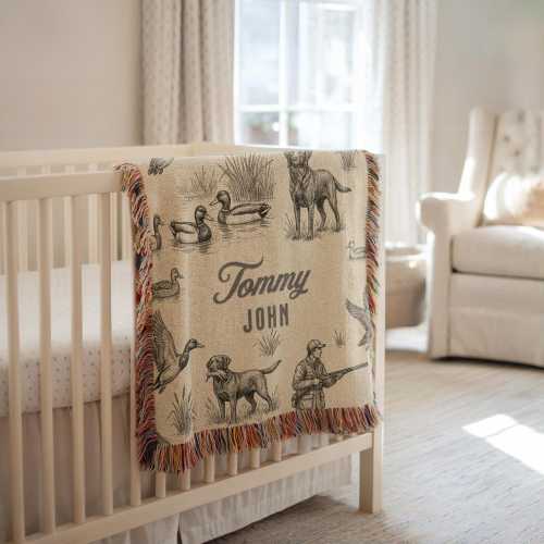 Personalized Hunting Baby Nursery Blanket Custom Name Duck Throw Cotton Woven Rustic Design Hunter Gift Cabin Decor Wildlife Nursery Gift