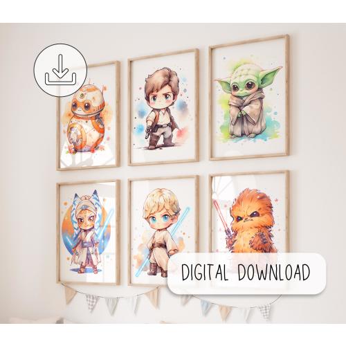 Cute Chibi Star Wars Characters - Nursery Room Decor - Set of 6 Starwars Printable Posters - Baby Room Decor - Watercolor Digital Print