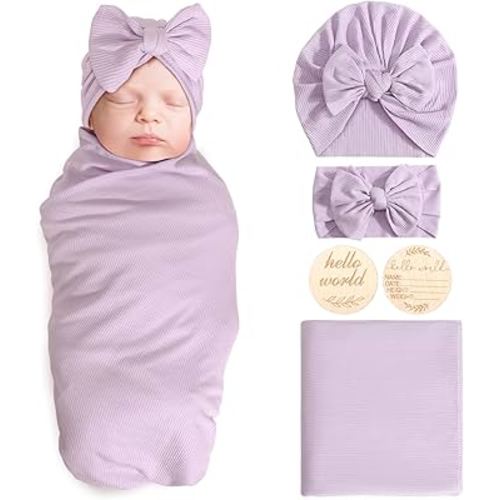 Newborn Receiving Blanket with Bow Hat Headband Wooden Card Set Newborns Toddler Baby Boy Girl Nursery Swaddle Wrap