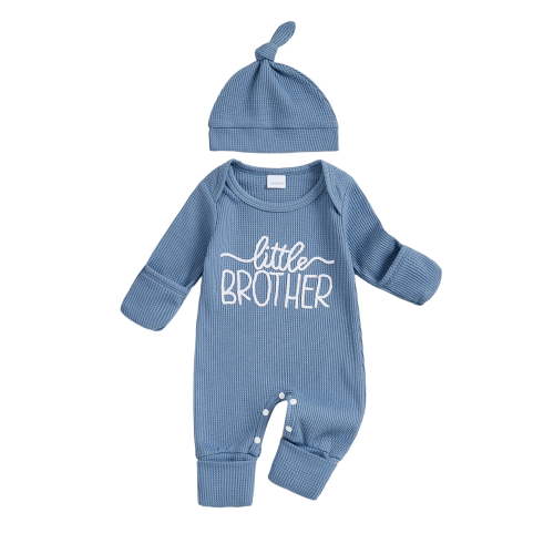 BemeyourBBs Newborn Baby Boy Little Brother Outfit Waffle Knit Jumpsuit and Hat Set Long Sleeve Letter Embroidery Romper with Cap Clothes Set