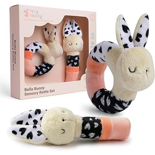 Joey Monty Bella Bunny Sensory Rattle Set – High Contrast Baby Toys for Newborns (0–6 Months), Soft Plush Bunny Rattle & Squeaker Gift Set for Tummy Time, Montessori & Soft Play Development