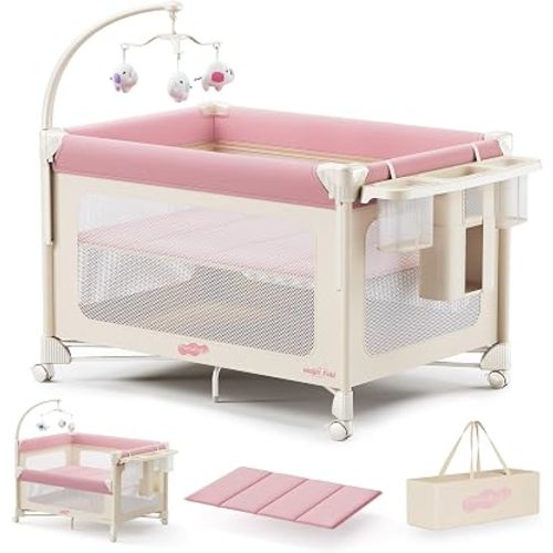 Pamo Babe 5 in 1 Pack and Play - One-Step Setup Bedside Crib, Portable Playard with Mattress, Storage Bag