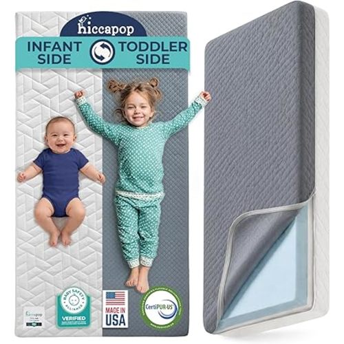 Hiccapop Baby Crib Mattress, Waterproof, Dual Sided Foam Baby Mattress, Firm Side for Babies, Soft Memory Foam Side for Toddlers, Made in USA