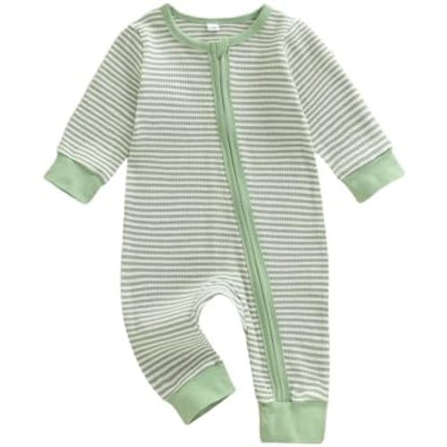 Karuedoo Newborn Infant Baby Boy Clothes Striped Waffle Long Sleeve Zipper Romper Jumpsuit One-Piece Fall Winter Outfit