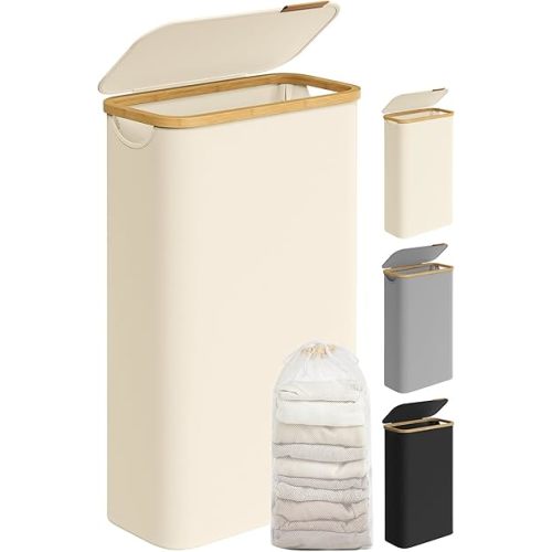 SONGMICS Laundry Hamper with Lid, Slim Laundry Basket, 17.2 Gallons (65L), Space-Saving, Removable Mesh Liner, Bamboo Handles, Collapsible, 16.5 x 8.9 x 27.8 Inches, Cream White ULCB506W01