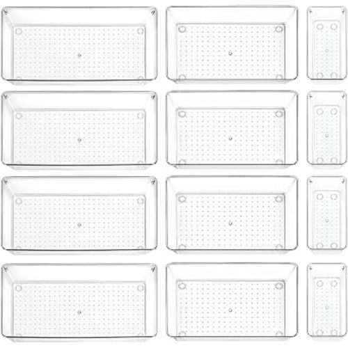 12 Pack Large Clear Drawer Organizer Trays, 3 Sizes, Non-Slip