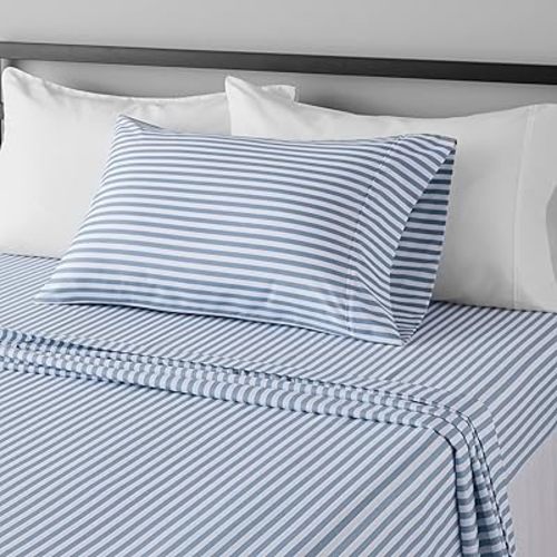 Amazon Basics Lightweight Super Soft Easy Care Microfiber 3 Piece Bed Sheet Set With 14-inch Deep Pockets - Twin, Dusty Blue Pinstripe,Printed