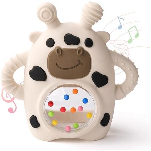 Bakpoco Baby Teether Toys for Babies 3 Months+, Easy-Grip Silicone Hand Teether with Sensory Rattle, Multi-Texture Infant Toy, Wrist Design Helps Reduce Drops, Cow
