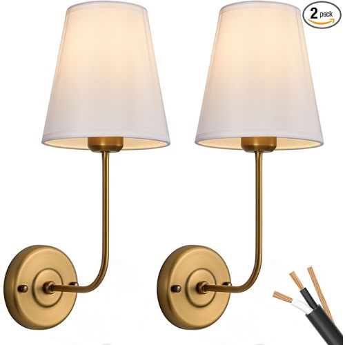 Passica Decor Hardwired Wall Sconces Set of 2 Pack Antique Brass Vintage Industrial Wall Lamp Light Fixture with Flared White Fabric Shade for Living Room Bedrooms Bedside Reading Fireplace Farmhouse - Antique Brass,White