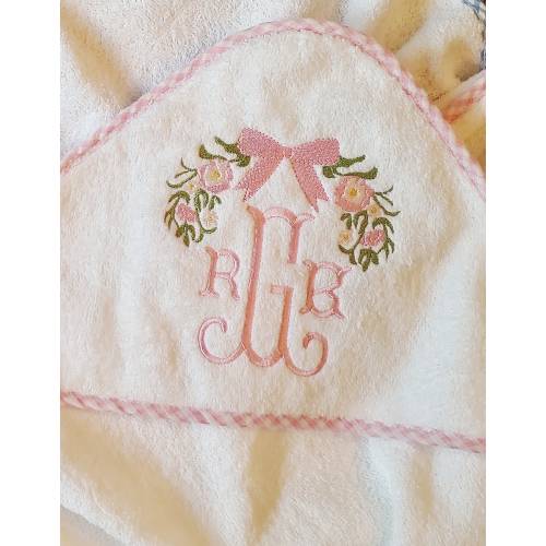 Embroidered Floral Baby Hooded Towel, Gingham Trim, Cotton