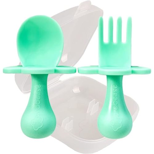 Grabease Baby Self Feeding Utensils Short Training Spoon Fork Plastic Set