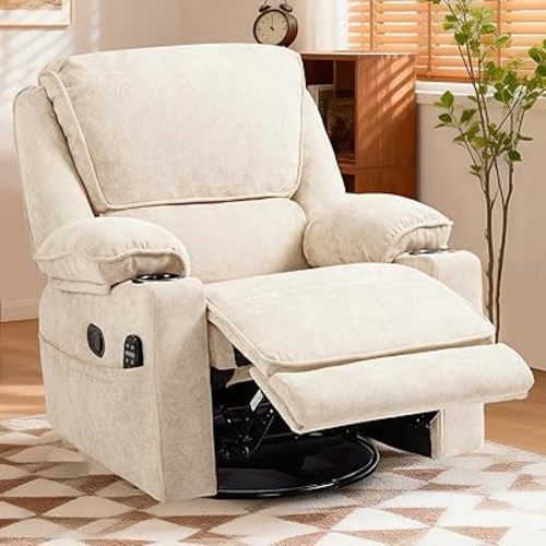 360° Swivel Rocker Recliner Multi-Functional Nursing Chair with Heating and Massage, Manual Recliner Chair with Cup Holders, Lazyboy Recliner Chair for Living Room and Bedroom, Beige Chenille