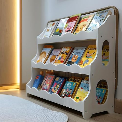 Wood Kids Bookshelf,WalnutWood GrainPattern | Dutch Design Scalloped Montessori Toddler Book Shelf 3Tier Wooden Furniture