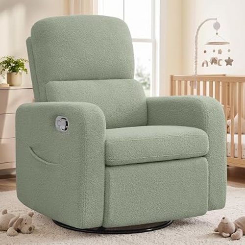 Swivel Rocker Recliner, Oversized Manual Boucle Nursery Glider Rocking Recliner Chair with Removable Cushion, Upholstered Teddy Swivel Reclining Chair for Nursery Living Room Bedroom, Green