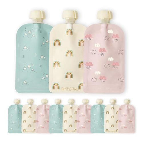 Hippypotamus Reusable Baby Food Pouches for Toddlers - BPA Free Food Grade - Dishwasher & Freezer Safe - Baby Food Containers - Refillable Squeeze Pouch For Applesauce & Yogurt - 12 Pack (Rainbows)