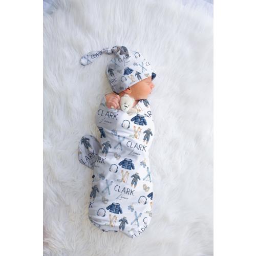 Personalized Winter Adventure Baby Swaddle - Snow Skiing Themed Nursery